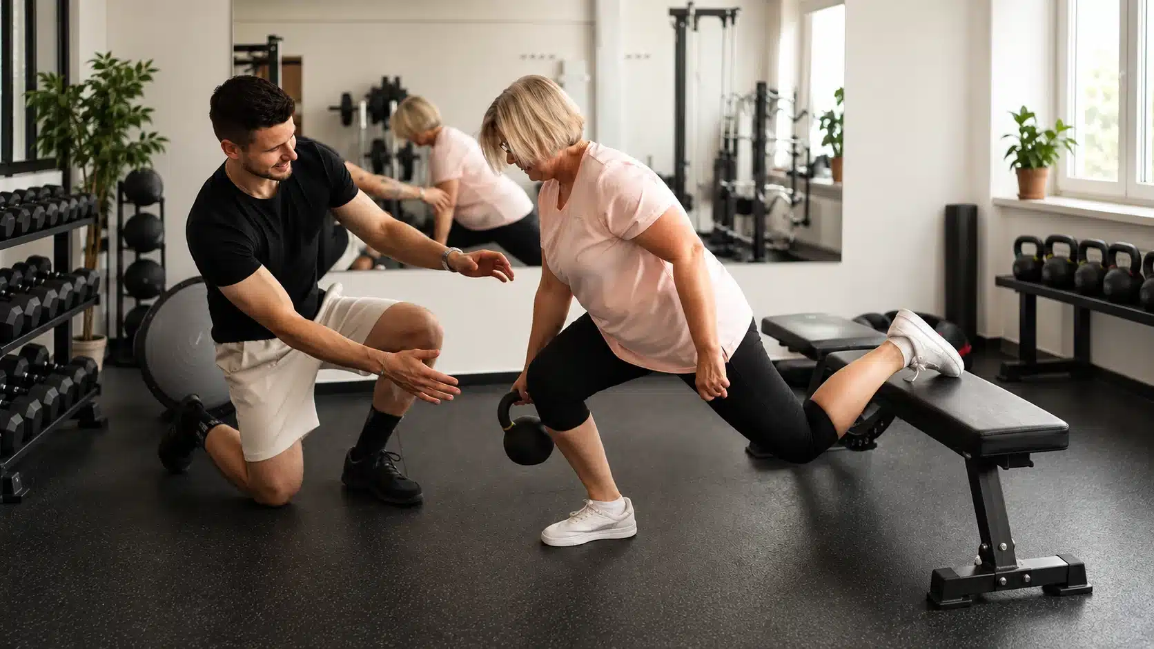 Trenér vede klientku při cvičení s kettlebellem