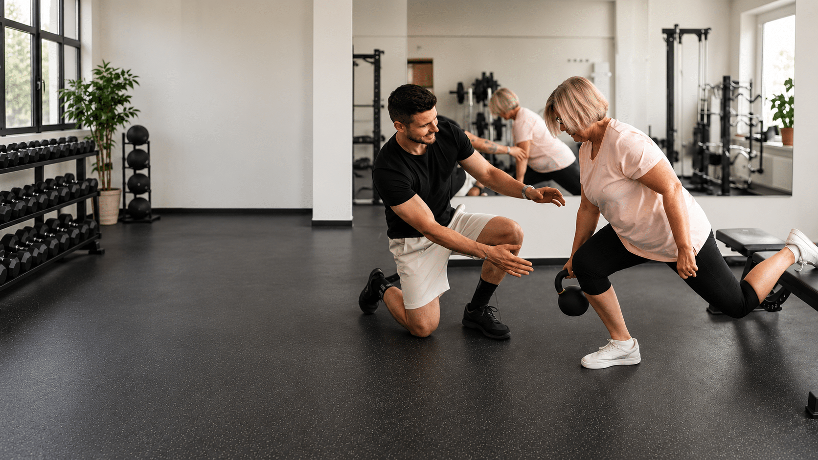 Trenér vede klientku při cvičení s kettlebellem